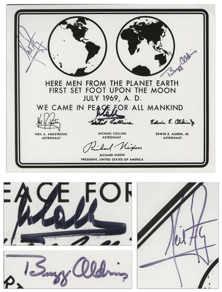 Apollo 11 Crew Signed 10'' x 8'' NASA Photo of the Apollo 11 Plaque -- With Bold, Uninscribed Signatures -- With Steve Zarelli COA